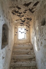 Obraz premium Bats navigate the decaying staircase of a once-vibrant skyscraper filled with shadows
