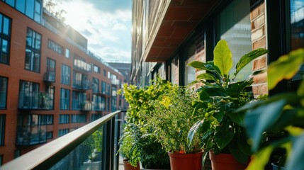 Urban Balcony Garden with Lush Green Plants in Pots