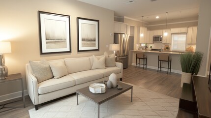 Fototapeta premium Modern Apartment Living Room with Open Kitchen Design