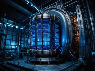 Closeup of a nuclear reactor core glowing with intense energy, showcasing powerful radiation and high-tech machinery