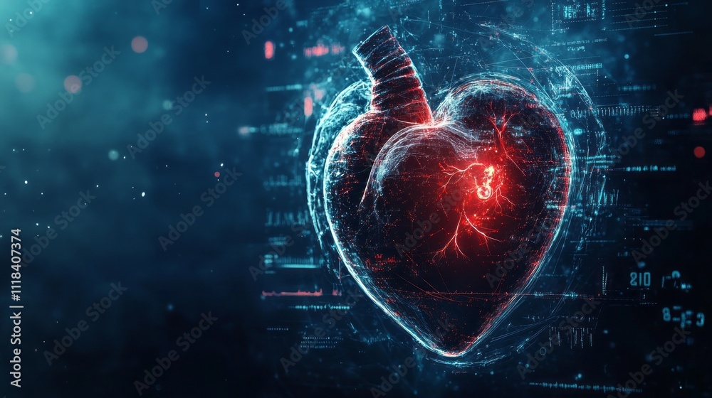 Poster A heart crafted from glowing circuitry beats rhythmically, surrounded by a virtual landscape filled with floating data and abstract patterns
