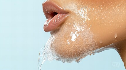 Fototapeta premium Close-up of female lips with water droplets on a caucasian young woman's face
