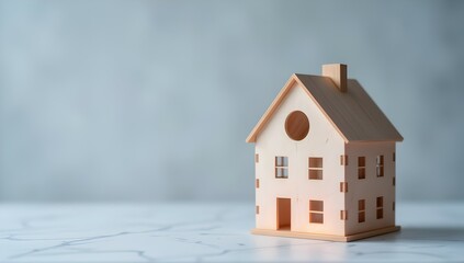 Dream Home Awaits: A charming wooden house model, symbolizing new beginnings, comfort, and the pursuit of homeownership.  A perfect image for real estate or home decor.