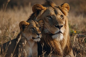 Obraz premium Mother Lion Hugging Her Cub in the Wild