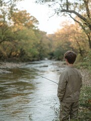 Fototapeta premium A boy learns to fish using a simple rod by a serene, tree-lined river during fall