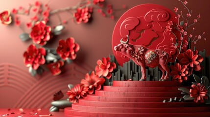 Red ox figurine with flowers, celebrating lunar new year.