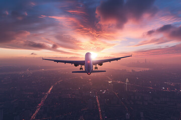 Airplane takes off into glowing sunset, casting light over sprawling city beneath, with vibrant colors in sky.