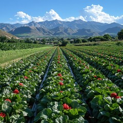 A vibrant field of red flowers against a backdrop of mountains and blue sky.