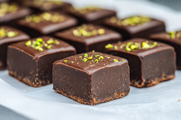 A plate of chocolate covered nuts with a piece missing