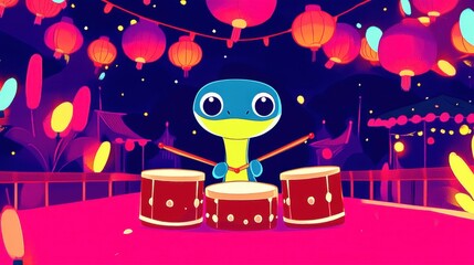 Cartoon-style snake playing drums and cymbals in a festive market decorated with lanterns and firecrackers