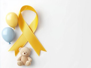 Gold ribbon, balloons & teddy for awareness