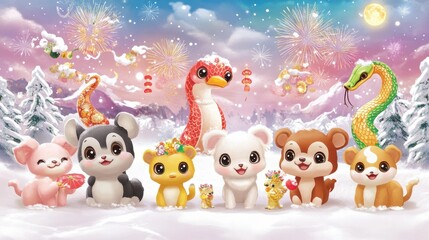 Cheerful cartoon animals preparing for Chinese New Year with a festive background featuring a snake and fireworks.