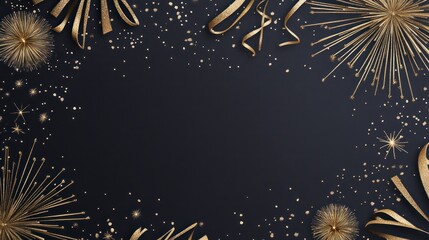 Gold ribbons, confetti, and fireworks border on dark background.