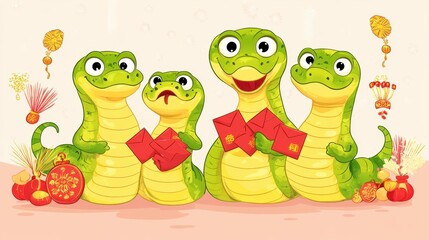 Obraz premium Cheerful cartoon family of snakes holding red envelopes in a festive background filled with firecrackers and lucky charms.