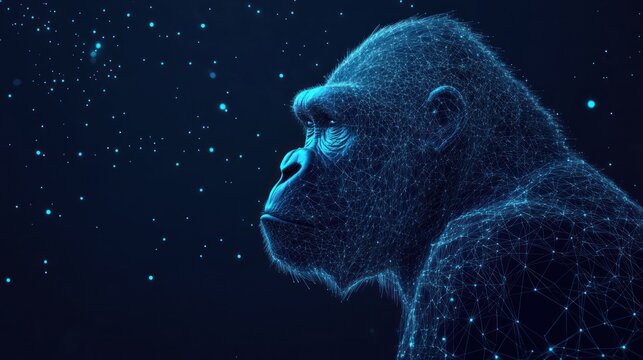 Abstract polygonal gorilla profile against dark blue space background with glowing particles.