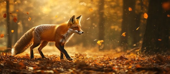 Red fox walking in autumn forest with falling leaves. (1)