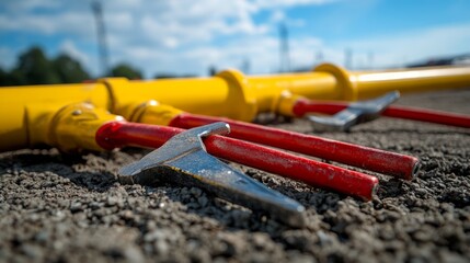 Close-up of red and silver pipe wrenches resting on asphalt near yellow pipes outdoors.