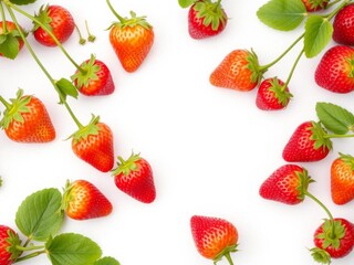Naklejka premium A simple frame featuring vibrant strawberries against a flat white background with ample space in the middle, all in flat colors, strawberries, vibrant, flat colors