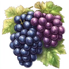 A vibrant illustration of black and purple grapes with green leaves.