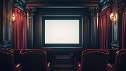 Fototapeta premium Cinema room with empty seats, a blank white screen, and rich burgundy curtains for a timeless aesthetic.