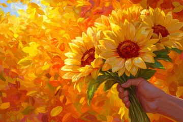 Obraz premium A vibrant hand holding a bouquet of sunflowers against a backdrop of golden autumn leaves.