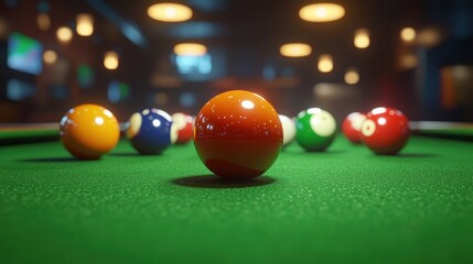 Pool balls on a green felt table in a dimly lit bar.