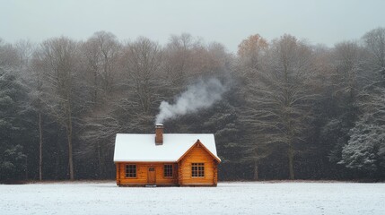 Cozy wooden cabin in a snowy landscape surrounded by trees