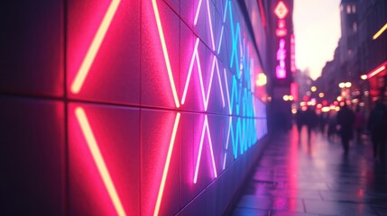 Vibrant neon lights illuminate a city street at night, creating a dynamic urban scene.