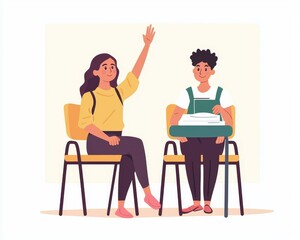Fototapeta premium A young, Hispanic girl raising her hand in class, while a boy listens attentively at his desk.