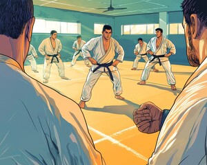 Obraz premium A group of male martial artists in white gis practice in a dojo, showcasing focus and determination during training.