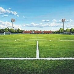 A vibrant soccer field under a bright blue sky, featuring freshly marked lines and sunny stadium lights in the background.