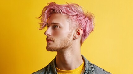 Young man with pink hair showing modern hairstyle and trendy look on yellow background