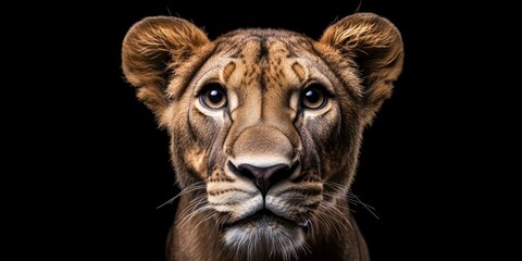 Obraz premium Close-up portrait of a lioness against a black background. (2)