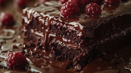 Decadent chocolate cake with raspberries and ganache.