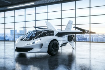 Obraz premium Futuristic white flying car with sleek design and prominent wings, showcasing innovative technology in a modern setting.