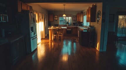 Sunlit Kitchen Interior Wooden Floor And Cabinets