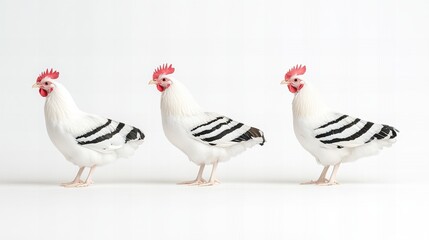 Fototapeta premium Three white chickens with black stripes against a light background