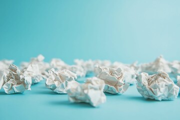 Crumpled White Paper Balls on a Soft Blue Background Representing Waste, Ideas, Creativity, and Concept of Rejections and Revisions in Design and Writing Process