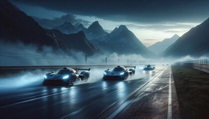 Two racing cars with generic livery moving at high speed on the straight of a wet racetrack with water spray coming from the wheels. A fictional location with mountain range under a dark sky.