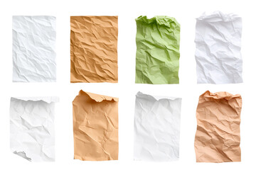 Set of crumpled colored paper: white, brown, and green textured sheets
