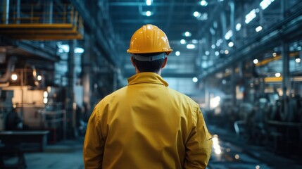 Worker in a yellow jacket and helmet stands in an industrial setting.