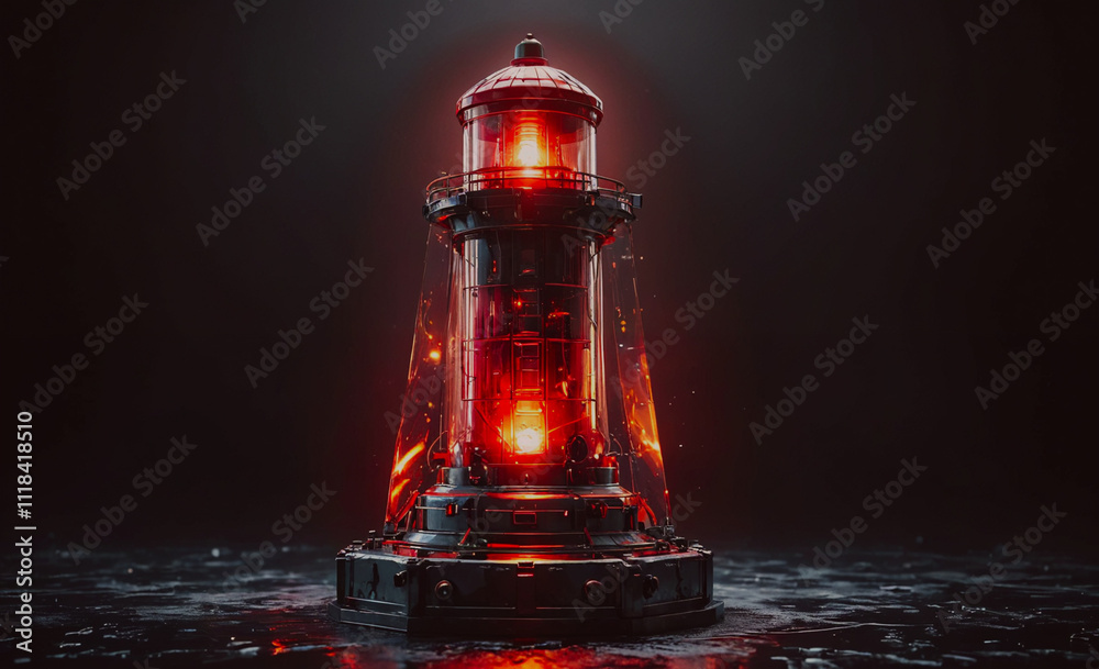 Poster a red lighthouse with a red light on top. the lighthouse is surrounded by a dark background. the ima