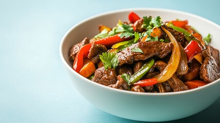 Ginger beef stir fry served in a modern white bowl, isolated on a soft pastel blue background with minimal garnish