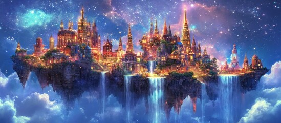 Obraz premium Enchanting floating island city with waterfalls and starry night sky.
