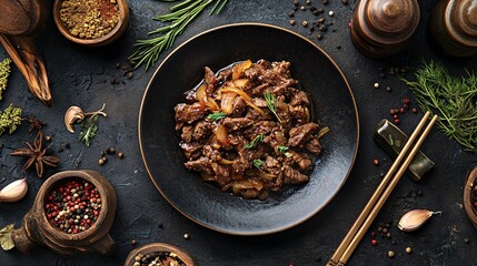 Ginger beef stir fry served on a dark plate, surrounded by rustic decorative elements like wooden chopsticks and spice jars