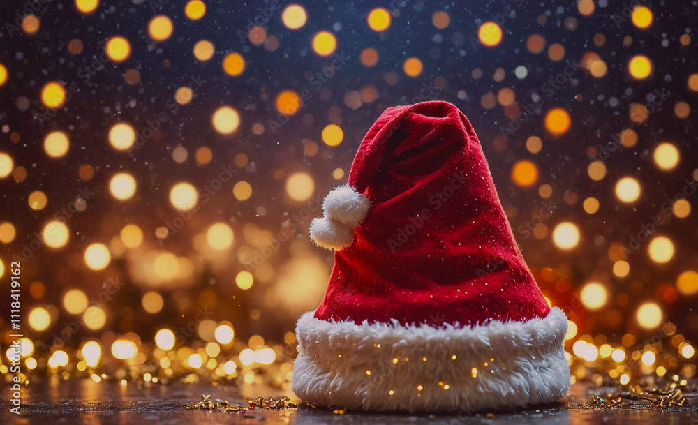 Poster a red hat with a white pom pom sits on a table. the hat is a santa hat, and the table is decorated w