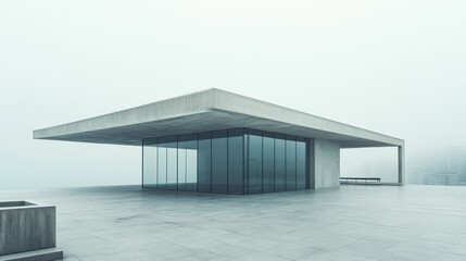 Fototapeta premium Modern Concrete Pavilion with Glass Walls in Fog