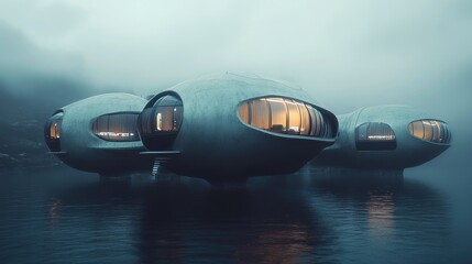 Obraz premium Futuristic Spherical Houses Float On Calm Misty Water