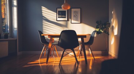 Sunlit Dining Room With Wooden Table And Chairs