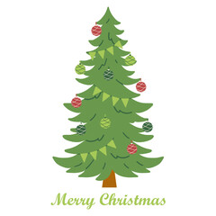 Merry Christmas simple card on white background with hand written text. Christmas tree flat design with christmas balls.